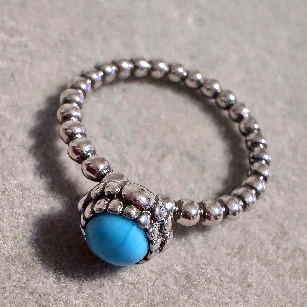 Silver Beaded Ring Turquoise Gemstone Ring Pandora-Style Size 7
